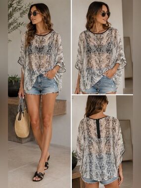Bisou Bisou Sheer Geometric Blouse